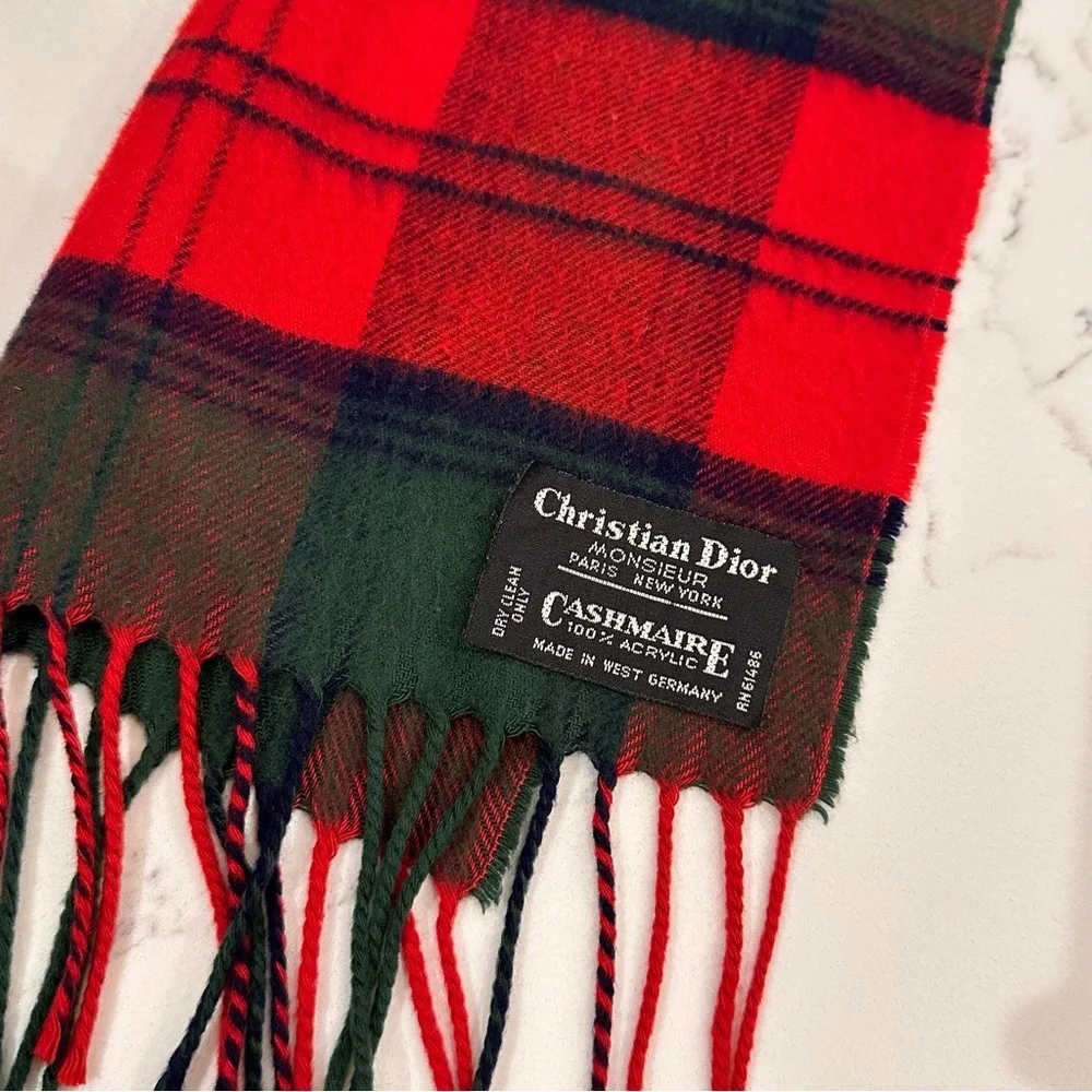 Vintage Christian Dior Monsieur Cashmaire Tartan Plaid Scarf Red Green Fringe